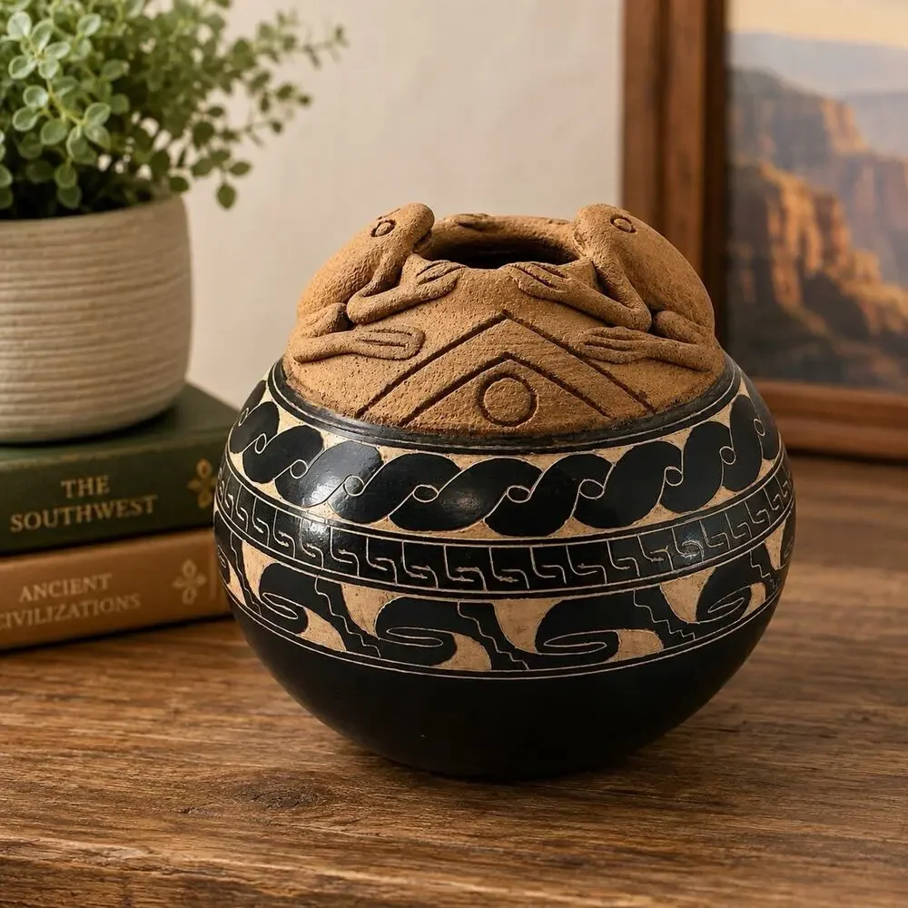 Handmade Costa Rica Pottery Frog Vessel Vase Black Terracotta Folk Art 4.5”